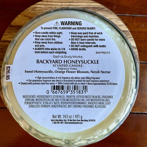 NEW BACKYARD HONEYSUCKLE 3-Wick 14.5 oz Candle Bath & Body Works - Picture 2 of 3